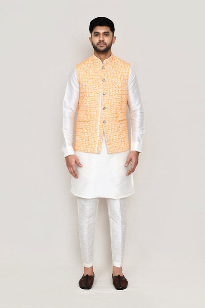 White Kurta with Straight Fit Pant And Jacket