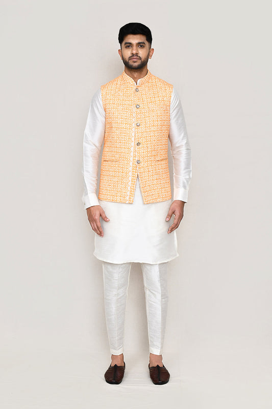 White Kurta with Straight Fit Pant And Jacket