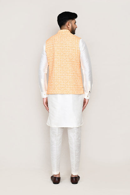 White Kurta with Straight Fit Pant And Jacket