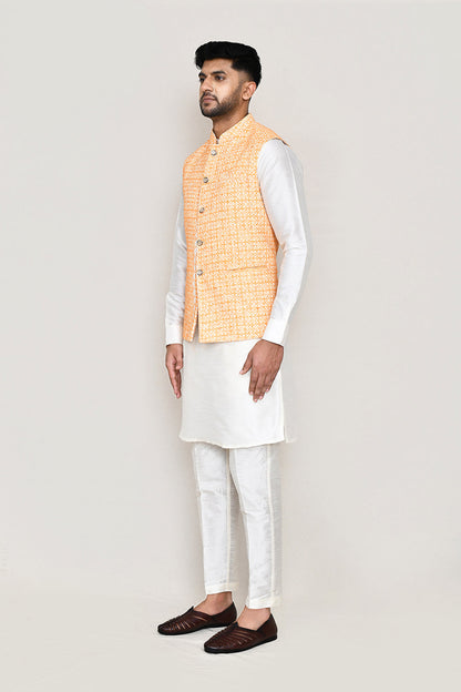 White Kurta with Straight Fit Pant And Jacket