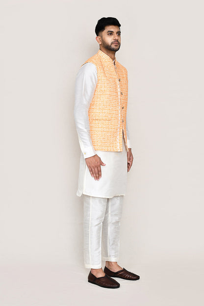 White Kurta with Straight Fit Pant And Jacket