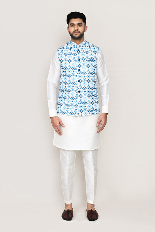 White Kurta with Straight Fit Pant And Jacket