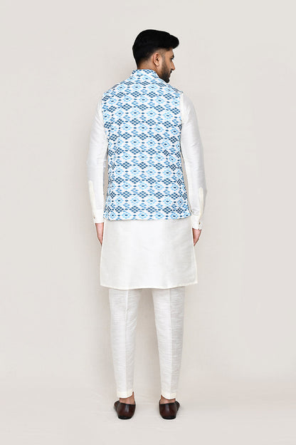 White Kurta with Straight Fit Pant And Jacket