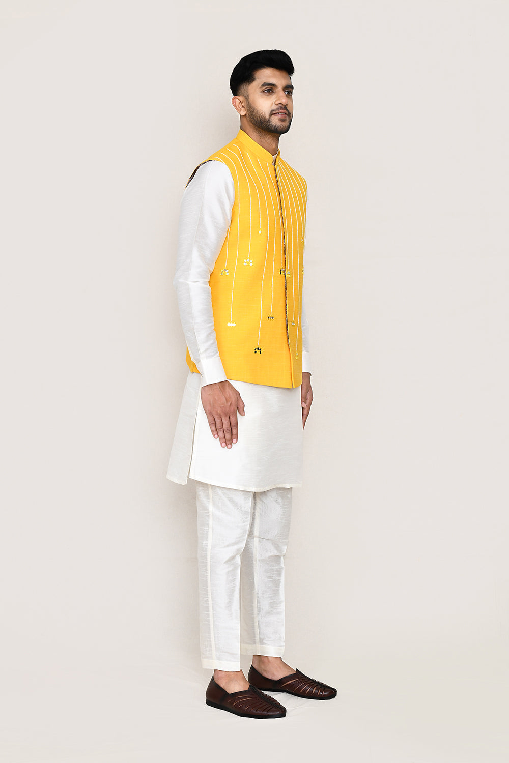 White Kurta with Straight Fit Pant & Jacket
