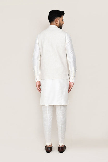 White Kurta with Straight Fit Pant & Jacket