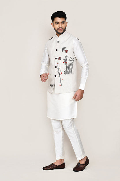 White Kurta with Straight Fit Pant & Jacket
