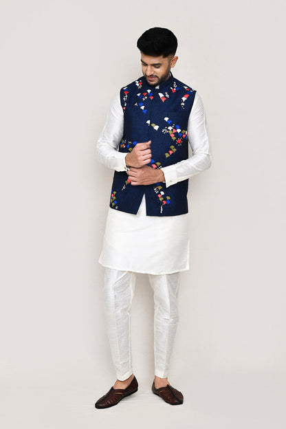 White Kurta with Straight Fit Pant & Jacket
