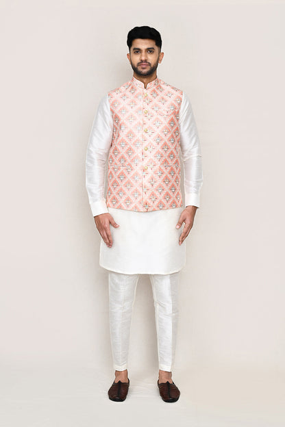 White Kurta with Straight Fit Pant And Jacket