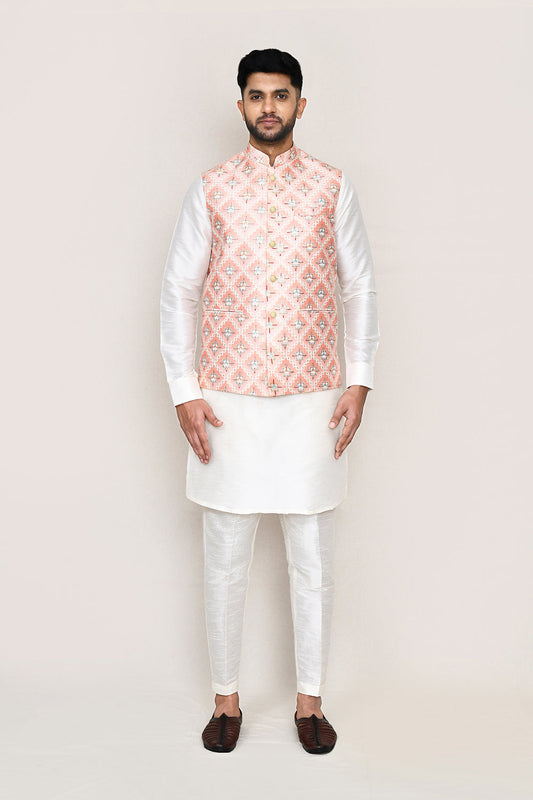 White Kurta with Straight Fit Pant And Jacket