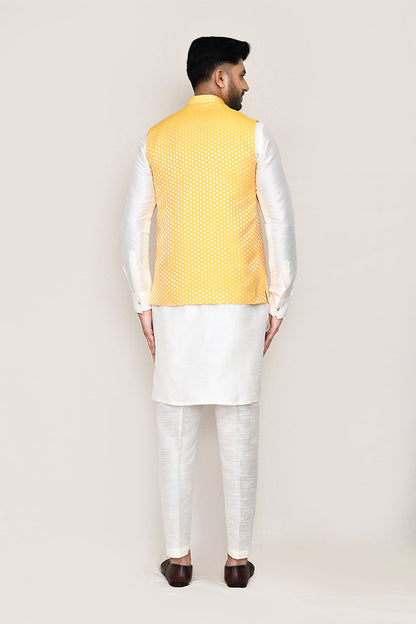 White Kurta with Straight Fit Pant And Jacket