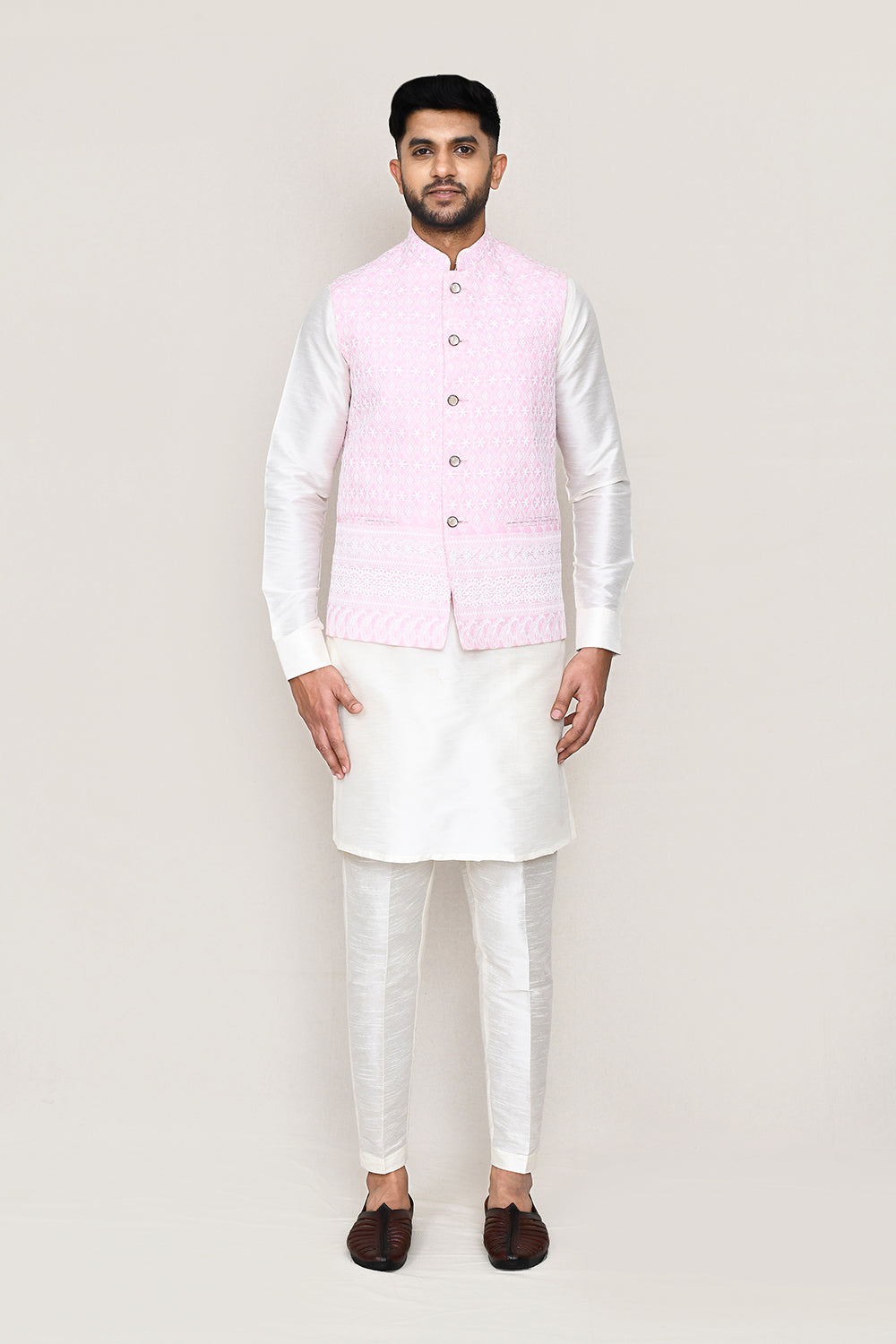 White Kurta with Straight Fit Pant And Jacket
