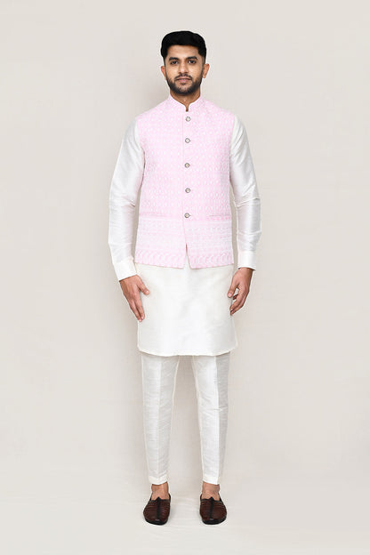White Kurta with Straight Fit Pant And Jacket