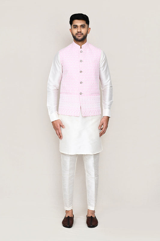 White Kurta with Straight Fit Pant And Jacket