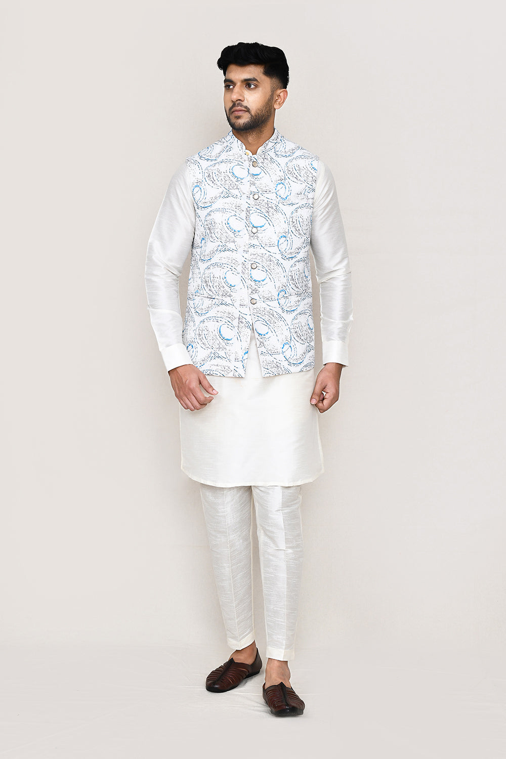 White Kurta with Straight Fit Pant And Jacket