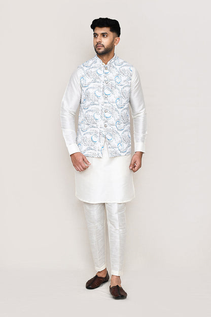 White Kurta with Straight Fit Pant And Jacket