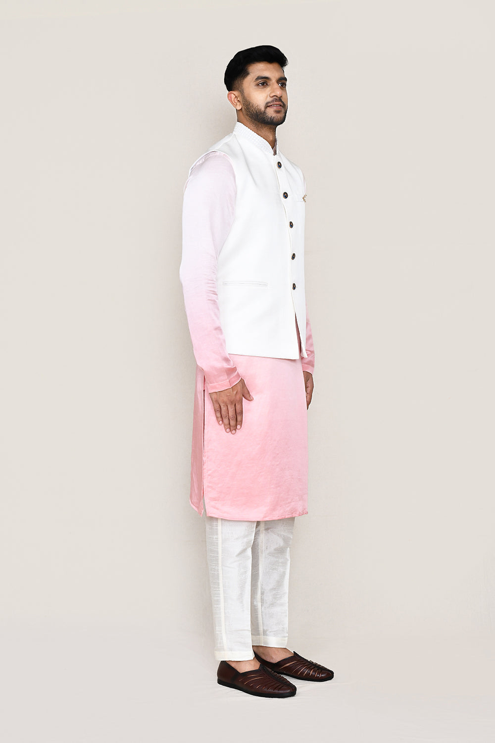 White Kurta with Straight Fit Pant And Jacket
