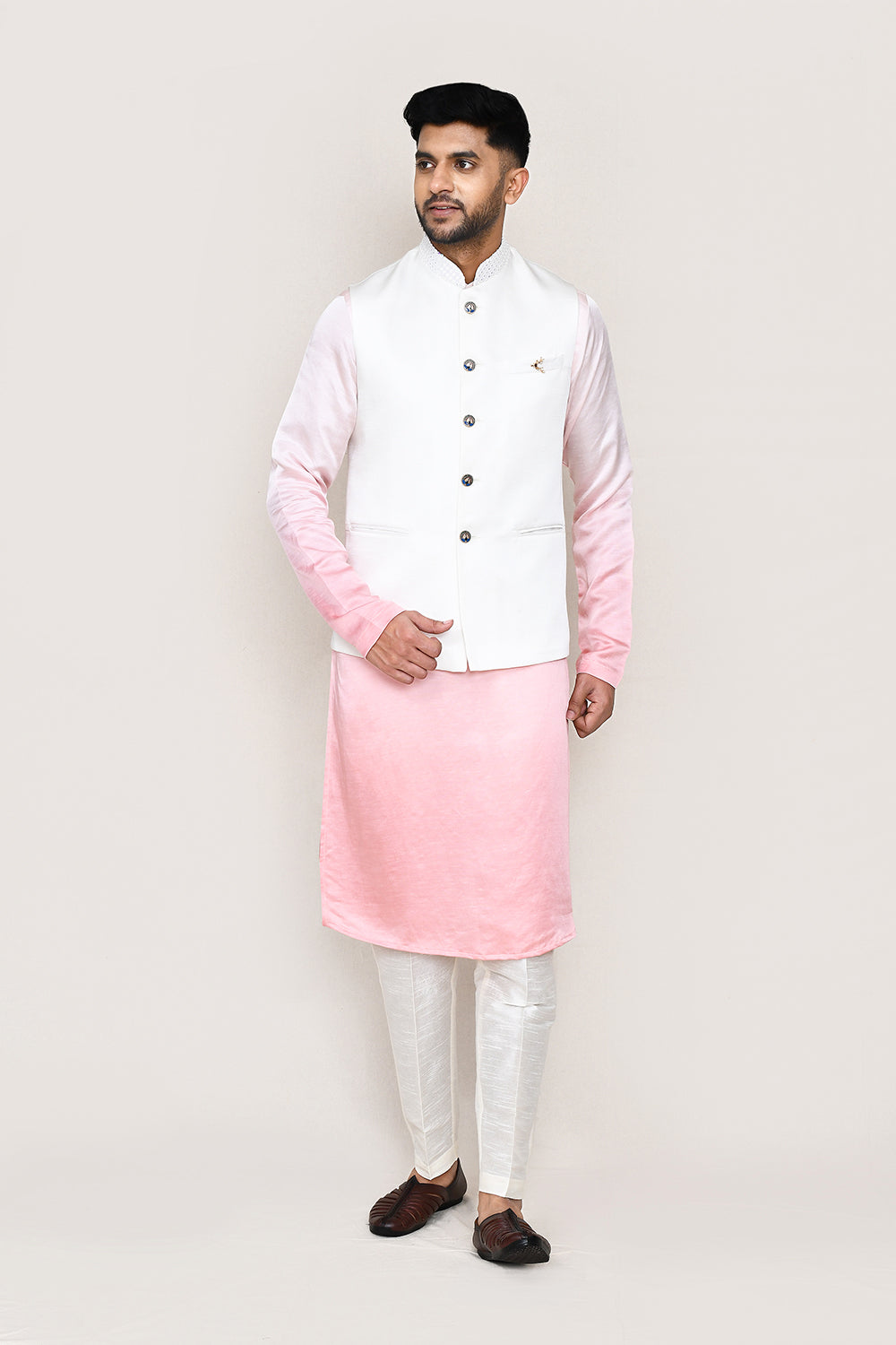 White Kurta with Straight Fit Pant And Jacket