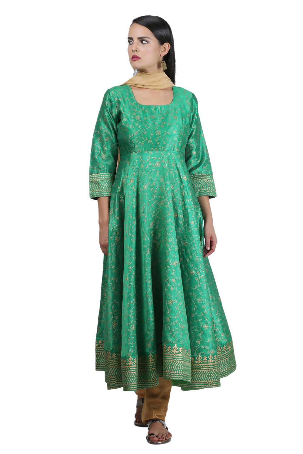 Green Silk Anarkali With Block Print