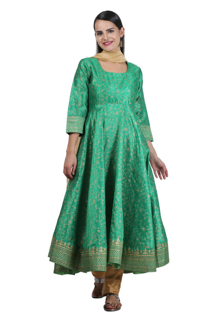 Green Silk Anarkali With Block Print