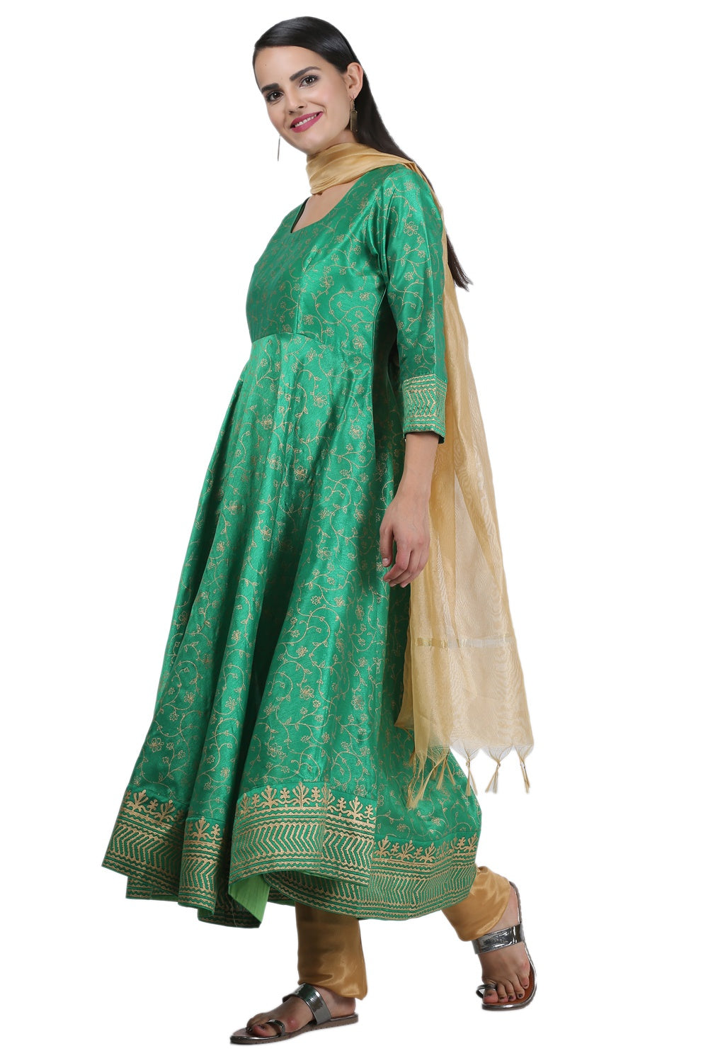 Green Silk Anarkali With Block Print