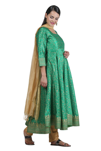 Green Silk Anarkali With Block Print
