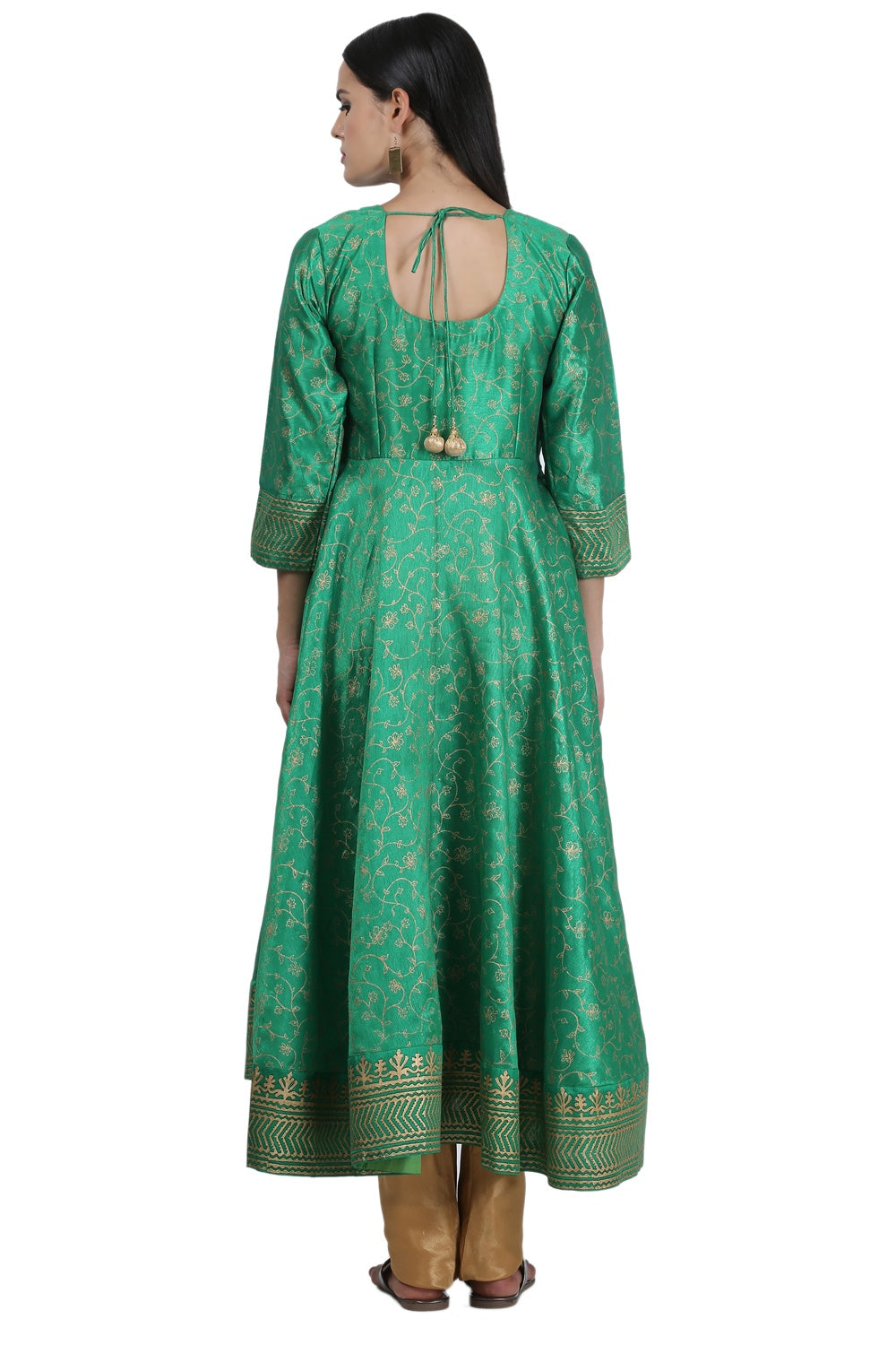 Green Silk Anarkali With Block Print