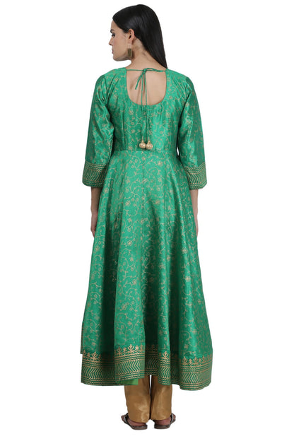 Green Silk Anarkali With Block Print