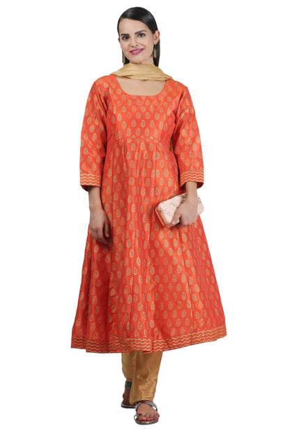 Orange Silk Anarkali With Block Print