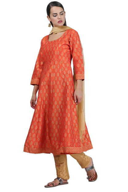Orange Silk Anarkali With Block Print