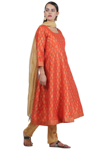 Orange Silk Anarkali With Block Print