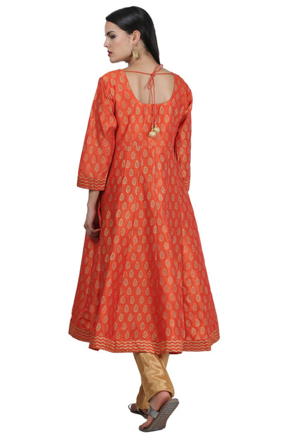 Orange Silk Anarkali With Block Print