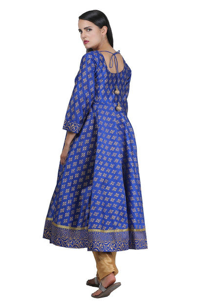 Royal Blue Silk Anarkali With Block Print