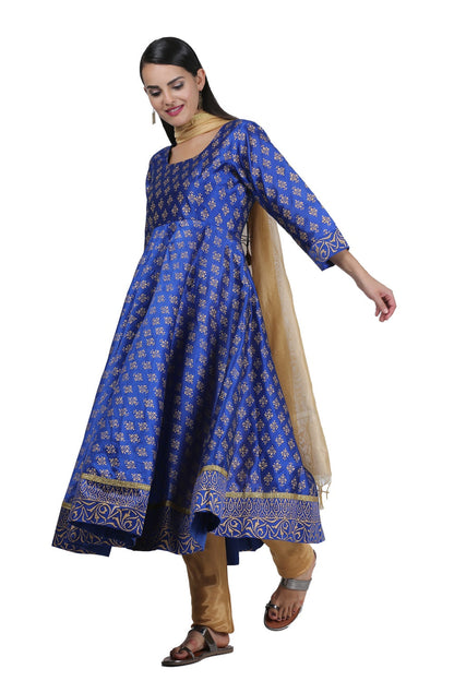 Royal Blue Silk Anarkali With Block Print