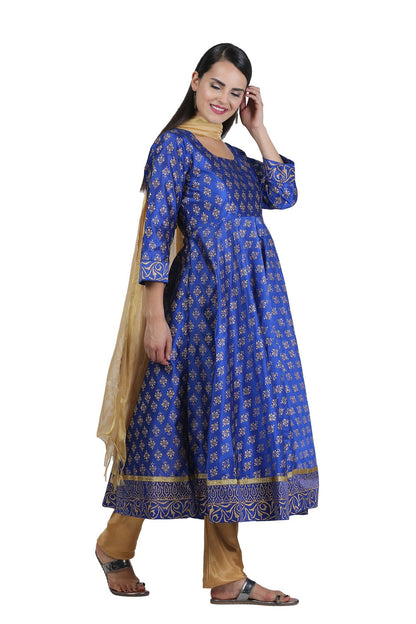 Royal Blue Silk Anarkali With Block Print