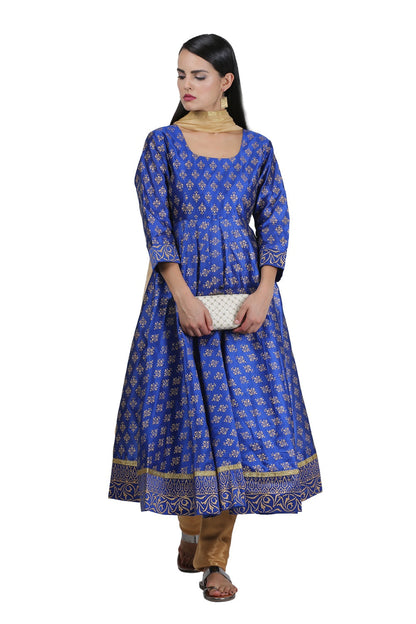 Royal Blue Silk Anarkali With Block Print
