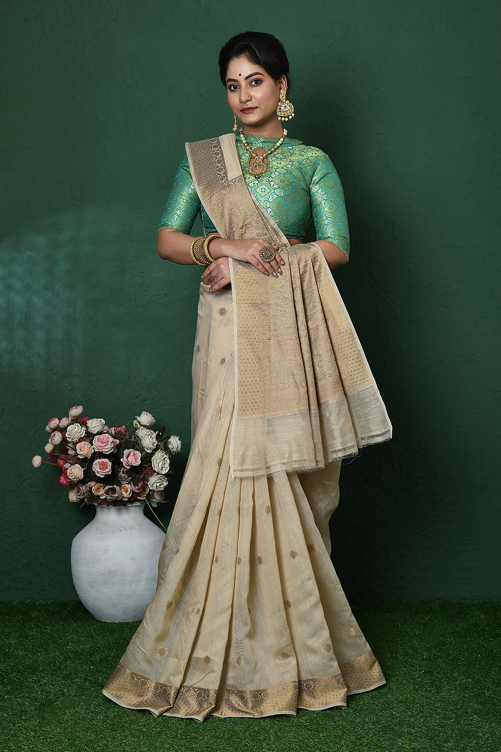 Off White Banarasi Silk Saree