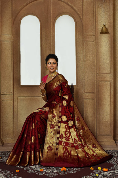 Wine Banarasi Silk Saree