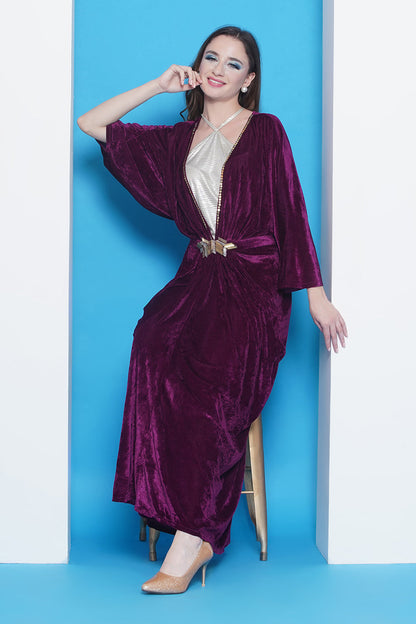 Wine Velvet Gown With Silver Halter Neck Ineer