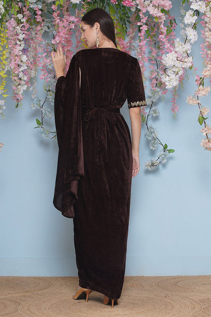 Brown Hand Embellished Gown With Drape and Belt