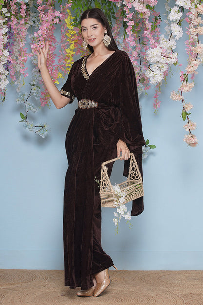 Brown Hand Embellished Gown With Drape and Belt