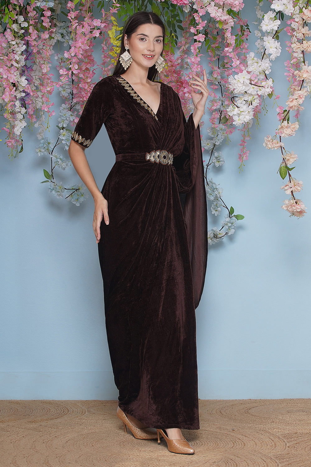Brown Hand Embellished Gown With Drape and Belt