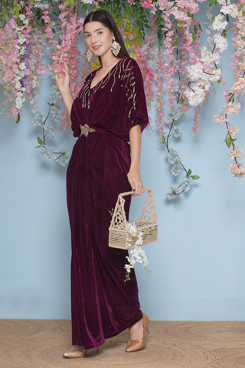 Wine Hand Embellished Velvet Gown With Belt