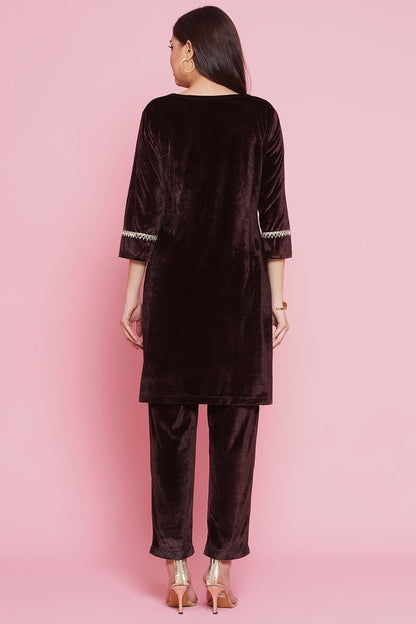 Brown Mirrior Work Velvet Coord Set