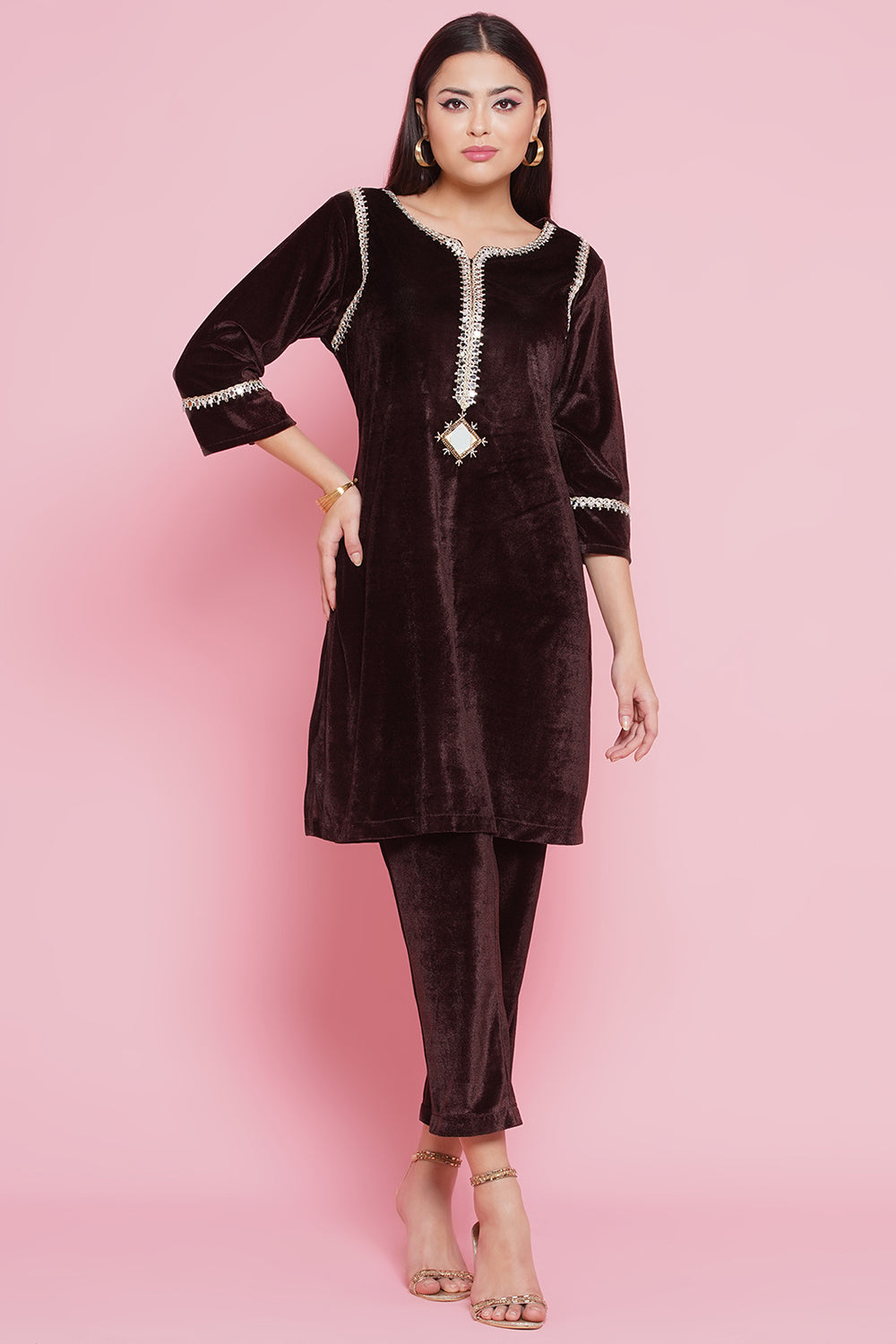 Brown Mirrior Work Velvet Coord Set