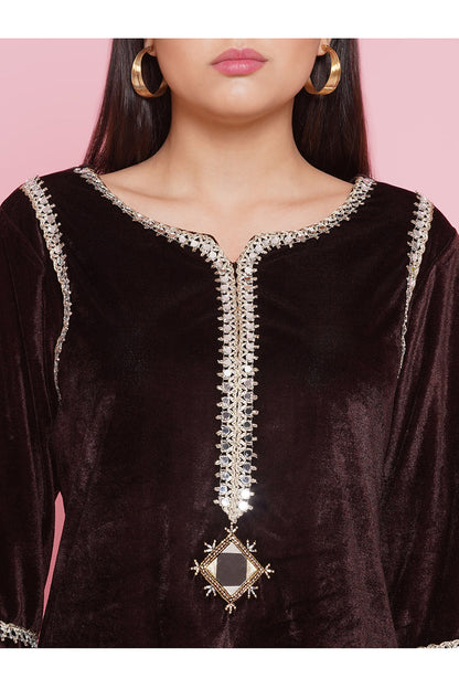 Brown Mirrior Work Velvet Coord Set