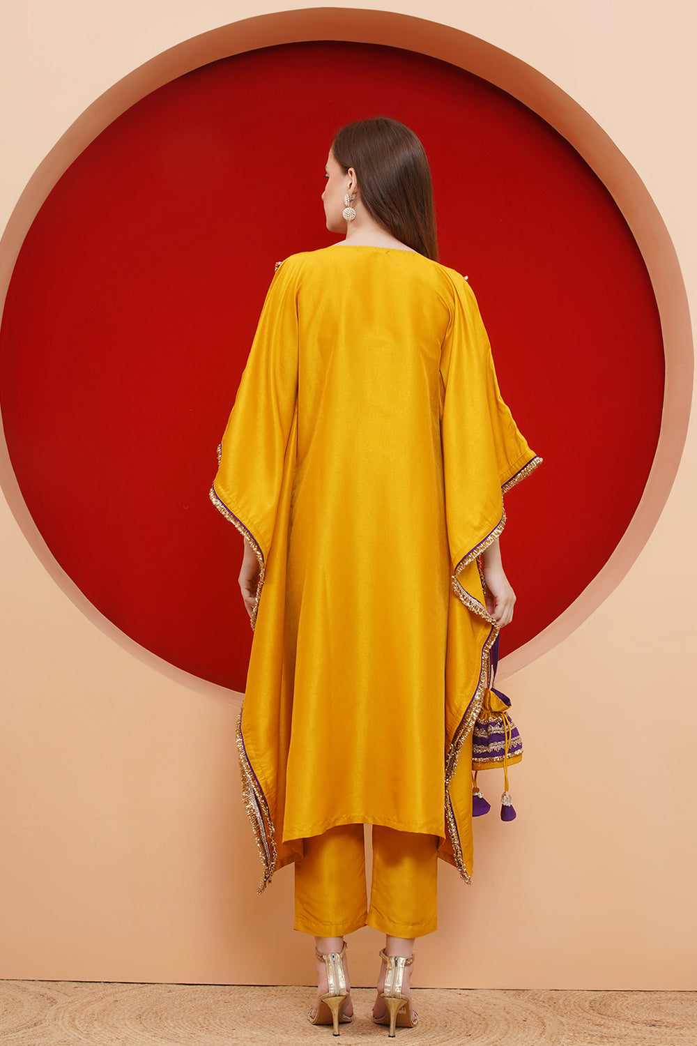 Yelow Kaftaan Set with ineer and Potli