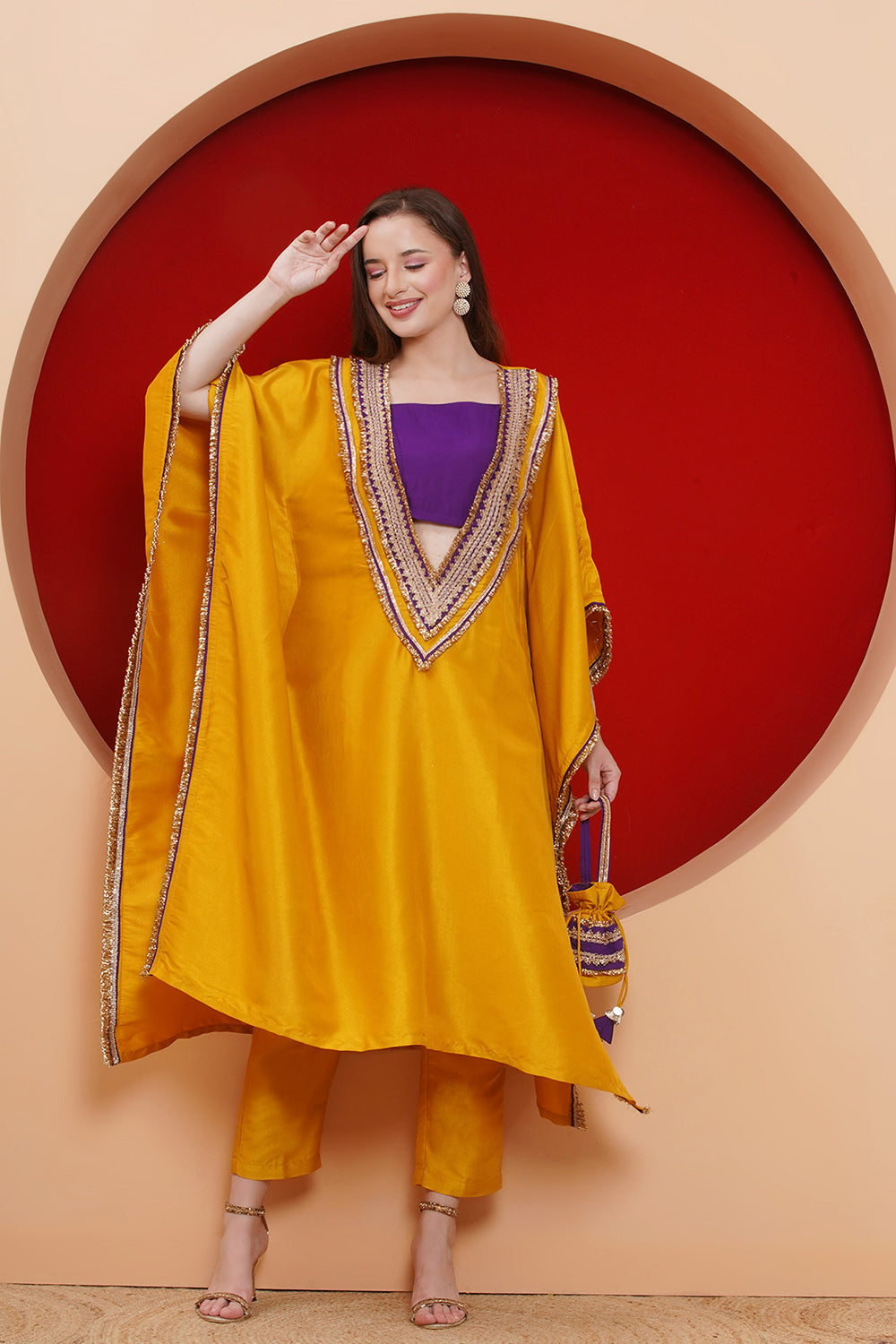 Yelow Kaftaan Set with ineer and Potli