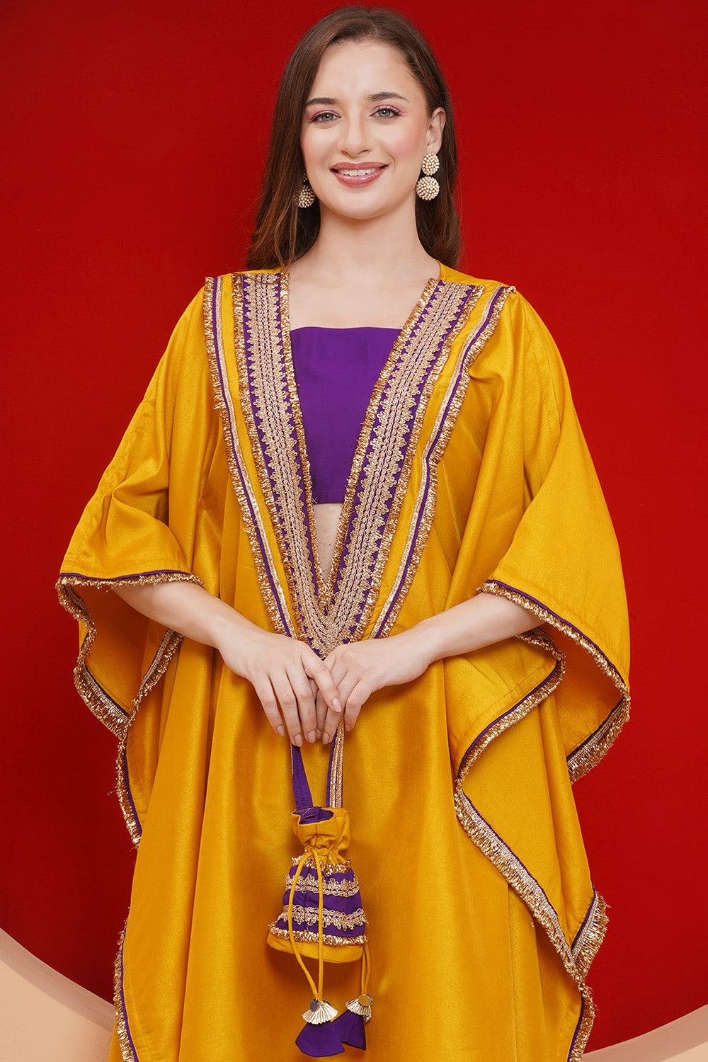 Yelow Kaftaan Set with ineer and Potli