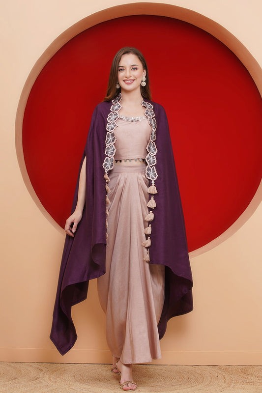 Purple and Rose Gold Skirt set with Cape