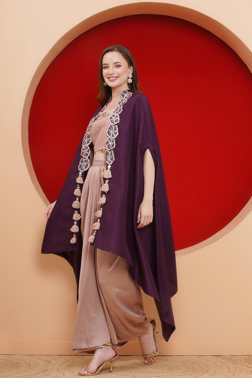 Purple and Rose Gold Skirt set with Cape